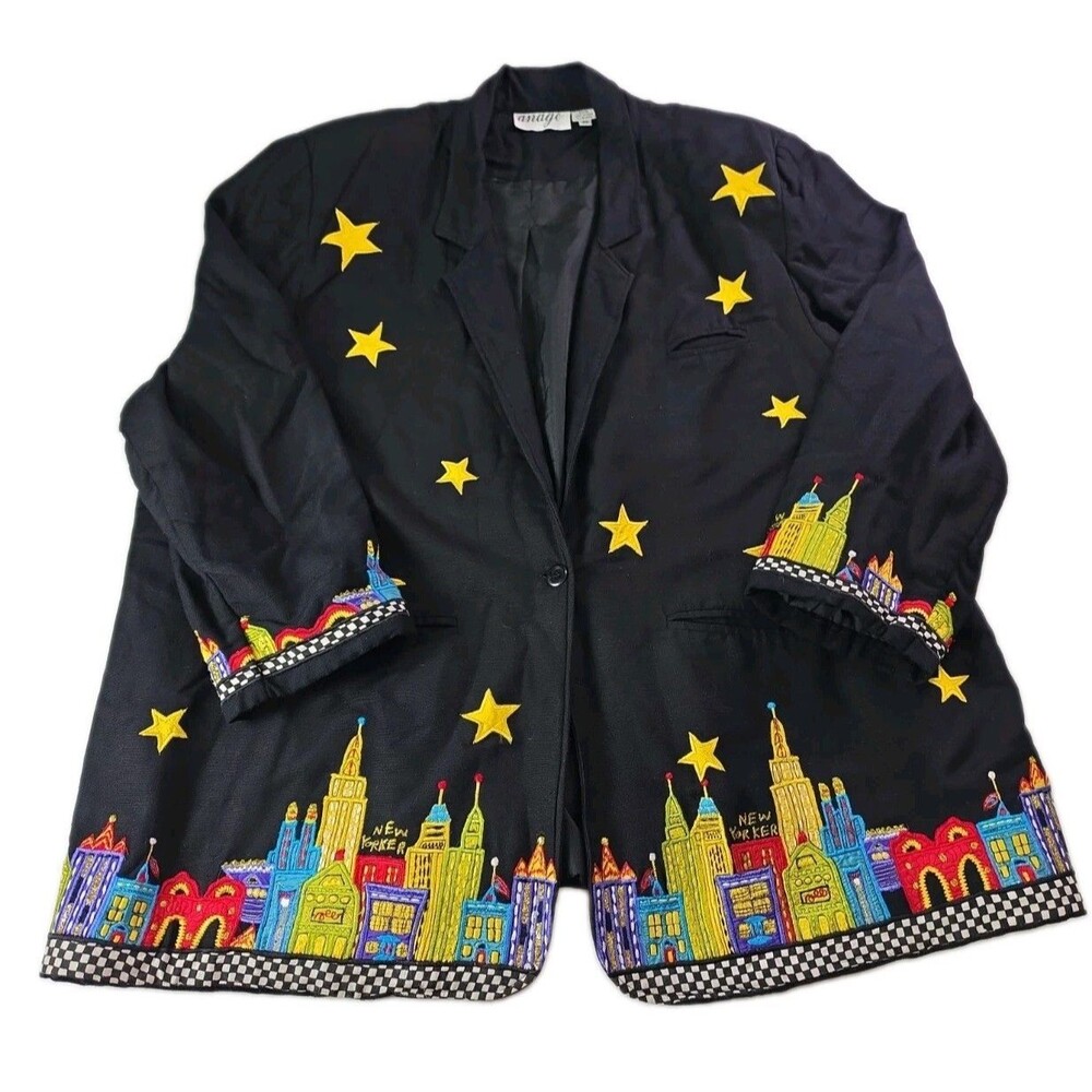 Vintage Womens Anage City Scape New Yorker Blazer Jacket 2X Embroidered Stars